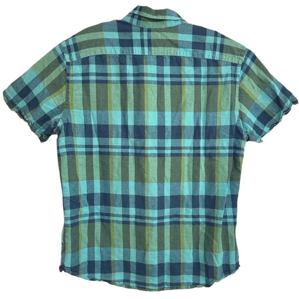 Banana Republic Shirt Mens Button Down Gree Plaid Linen Blend Coastal Preppy L